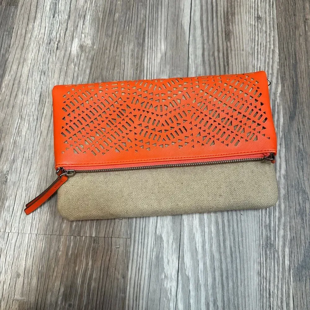 Stella & Dot Waverly Petite Crossbody Fresh‎ Orange Linen Clutch Vegan Leather